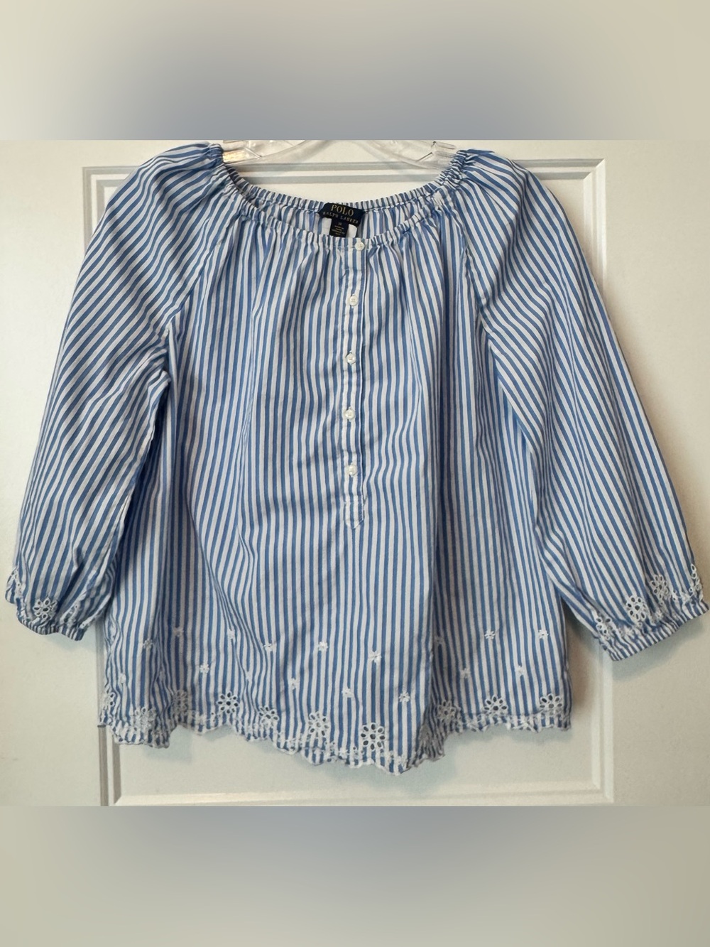 Polo Ralph Lauren Blue White Striped Eyelet Peasant Blouse 14 Cottagecore - Picture 2 of 8